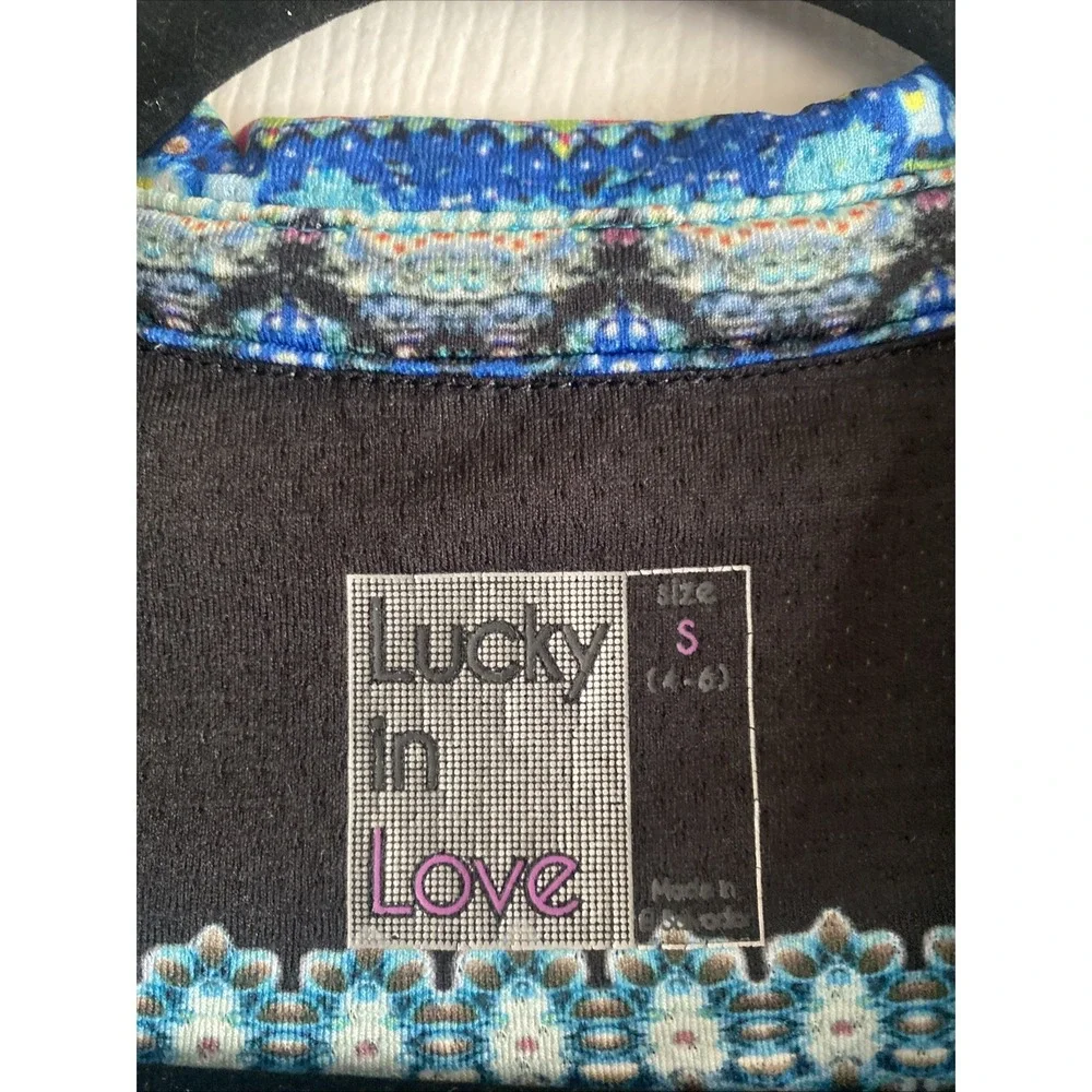 Lucky In Love Geometric Print Polo Top Womens Size S Blue Tennis Golf Activewear